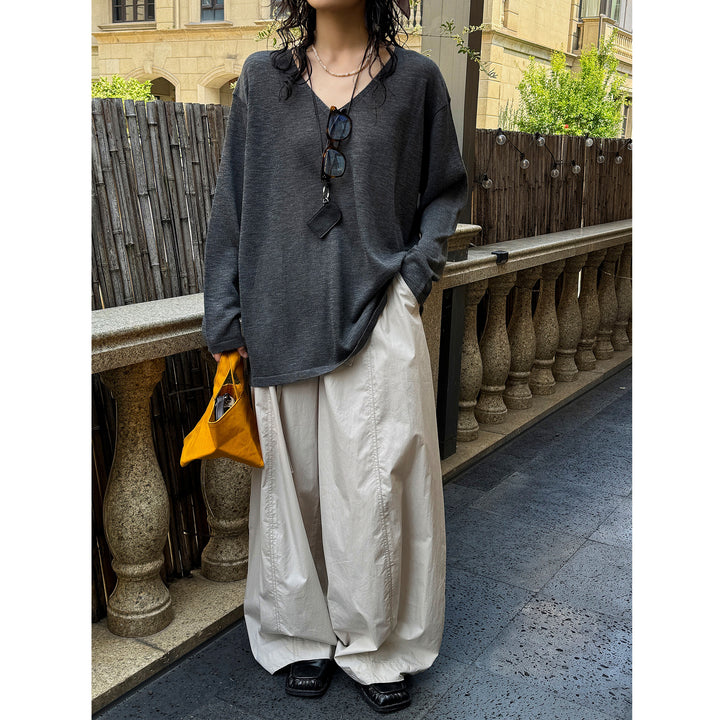 Women Casual V-Neck Fine Knit Long Sleeve with Dropped Shoulder Amarae