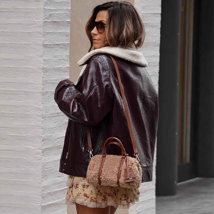 Women's Patent Leather Biker Jacket with Sherpa Lining and Oversized Cut Amarae