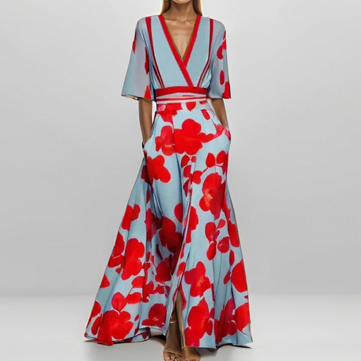 Lune London | Elegant V-Neck Printed Waist Dress with Peplum