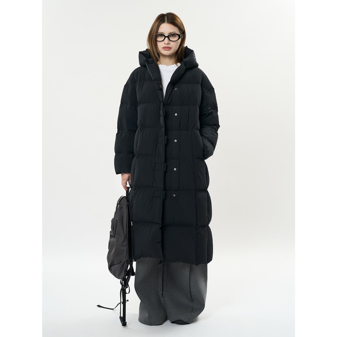 Women's Long Quilted Oversized Puffer Coat with Hood and Snap Button Placket Amarae