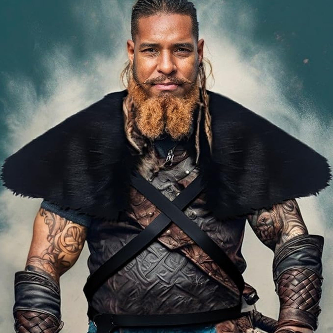 Men's Medieval Leather Jerkin with Faux Fur Shoulder Cape and Braided Arm Guards Amarae