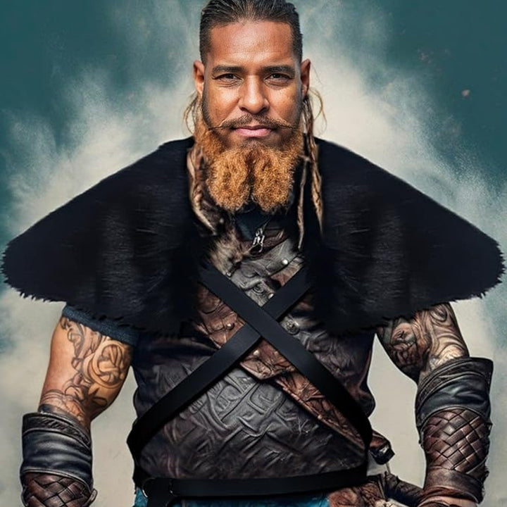 Men's Medieval Leather Jerkin with Faux Fur Shoulder Cape and Braided Arm Guards Amarae
