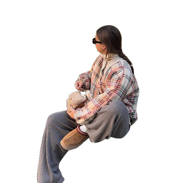 Women Padded Short Quilted Jacket in Check Pattern with Drawstring Hem and Oversized Sleeves Amarae