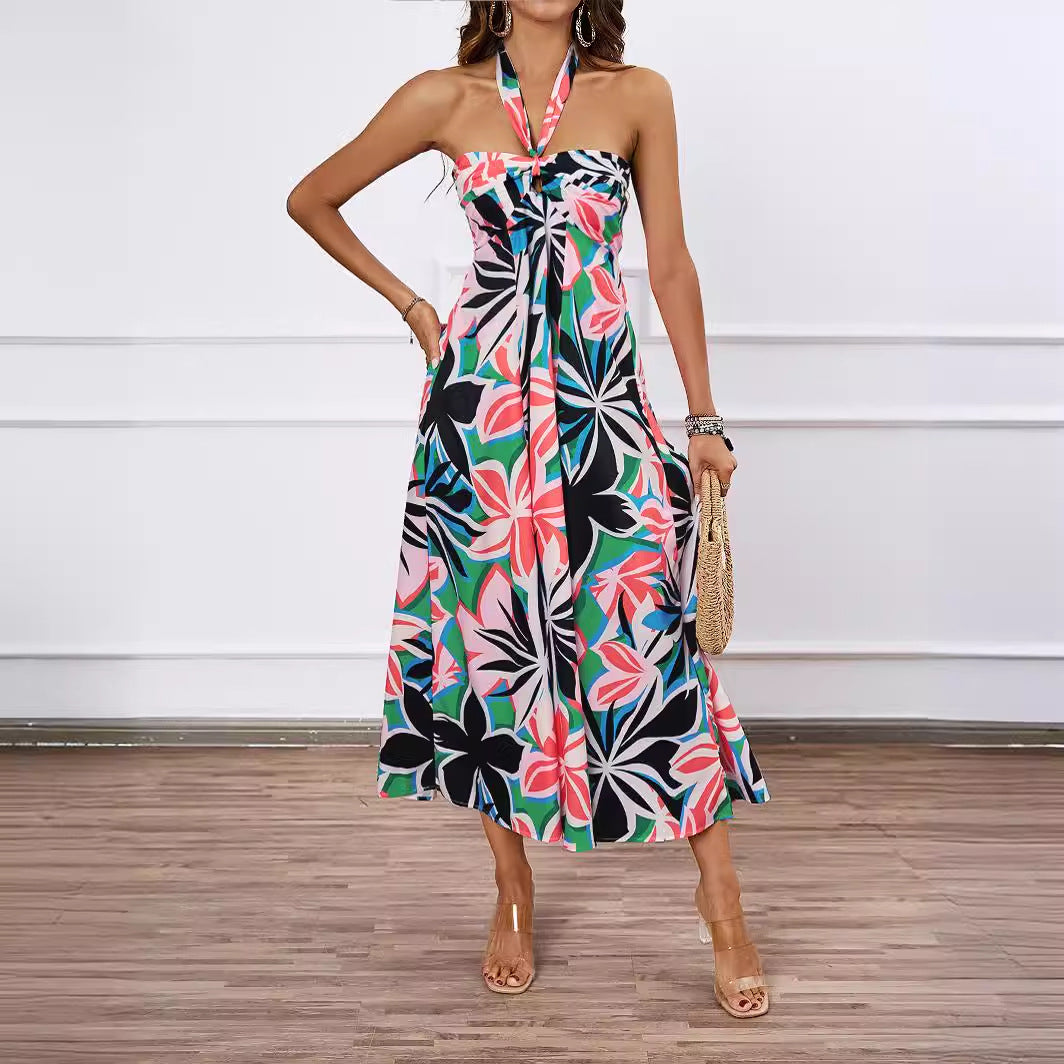 Women's maxi bustier dress with floral accents and elastic top Lune London
