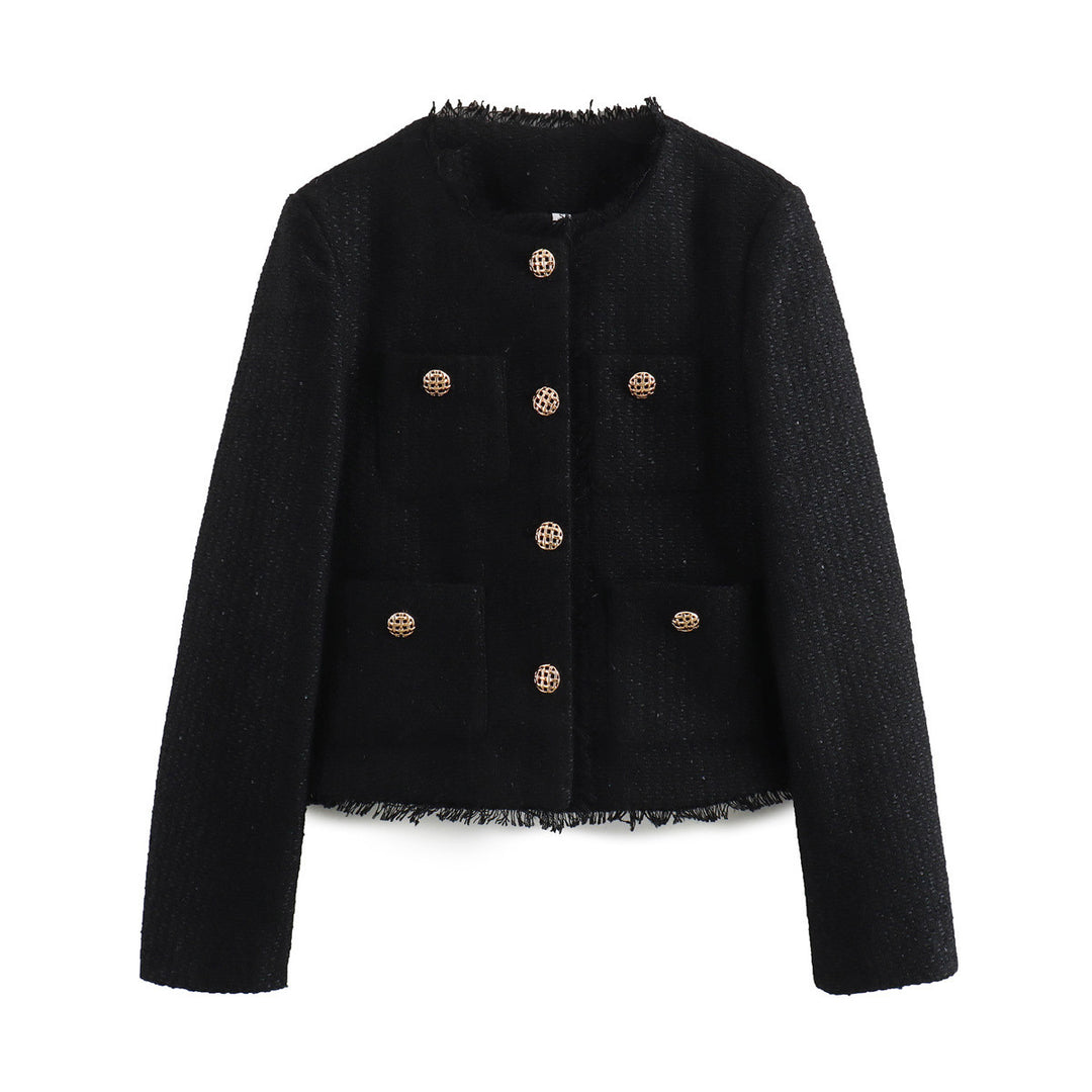 Elegant tweed jacket for women with fringes and decorative buttons Lune London