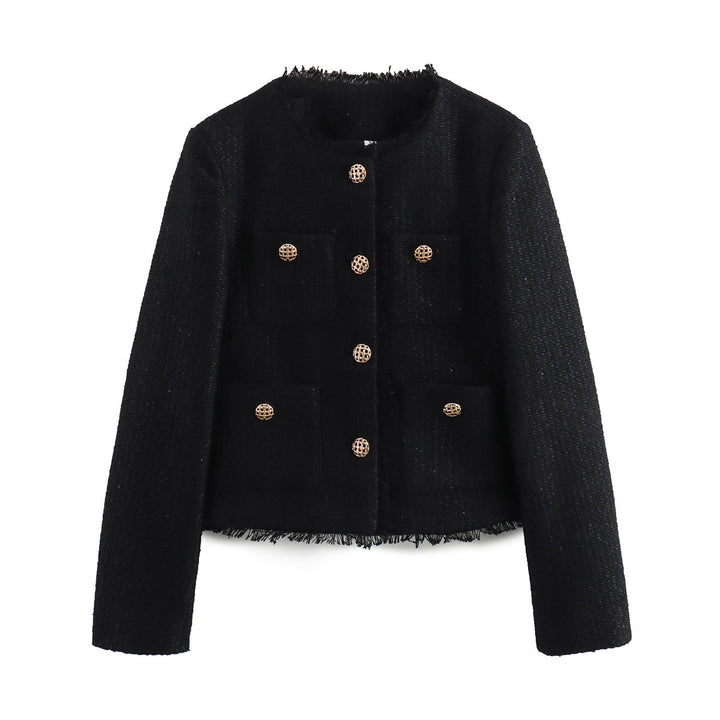 Elegant tweed jacket for women with fringes and decorative buttons Lune London