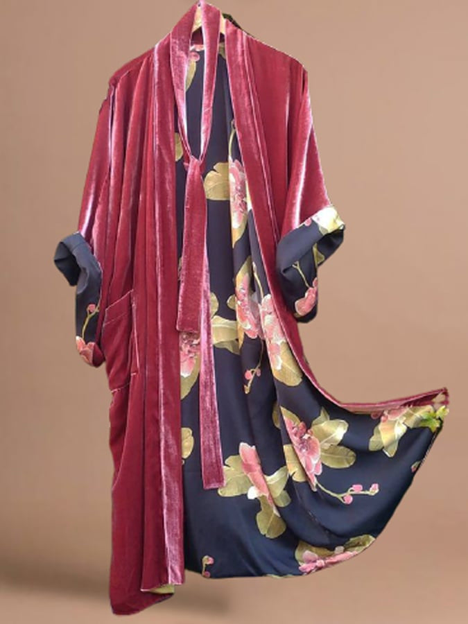 Chic Und Stil | Satin Digital Floral Waist Belt Cardigan Pajamas