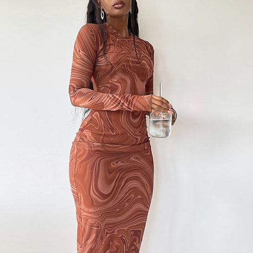 Elegant long dress with long sleeves for women with a modern marbled pattern Amarae