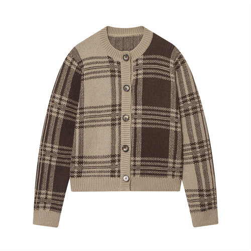 Trendy checked knit pullover for women with button placket and round neck Amarae