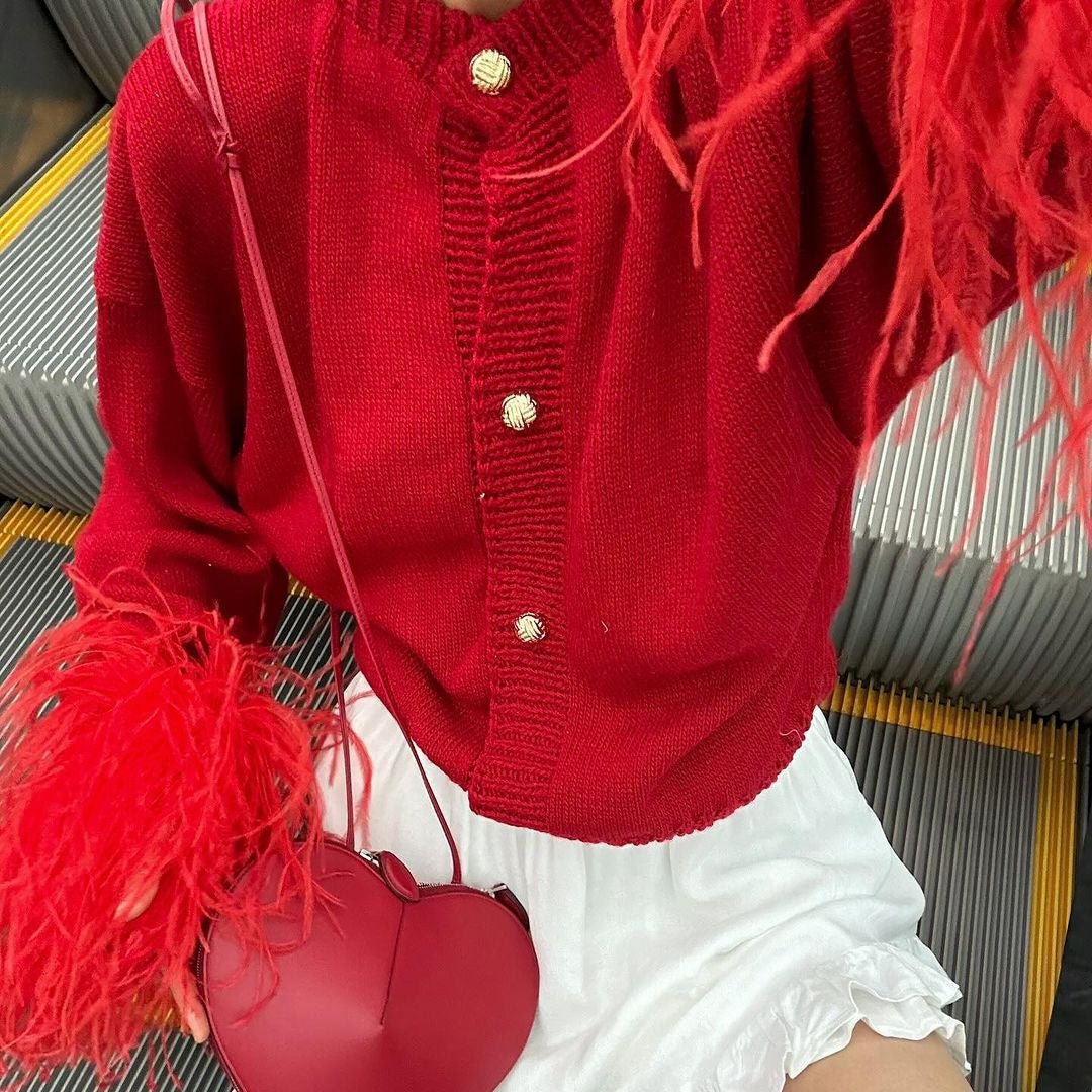Knitted jacket for women with elegant fringe sleeves and gold buttons Lune London
