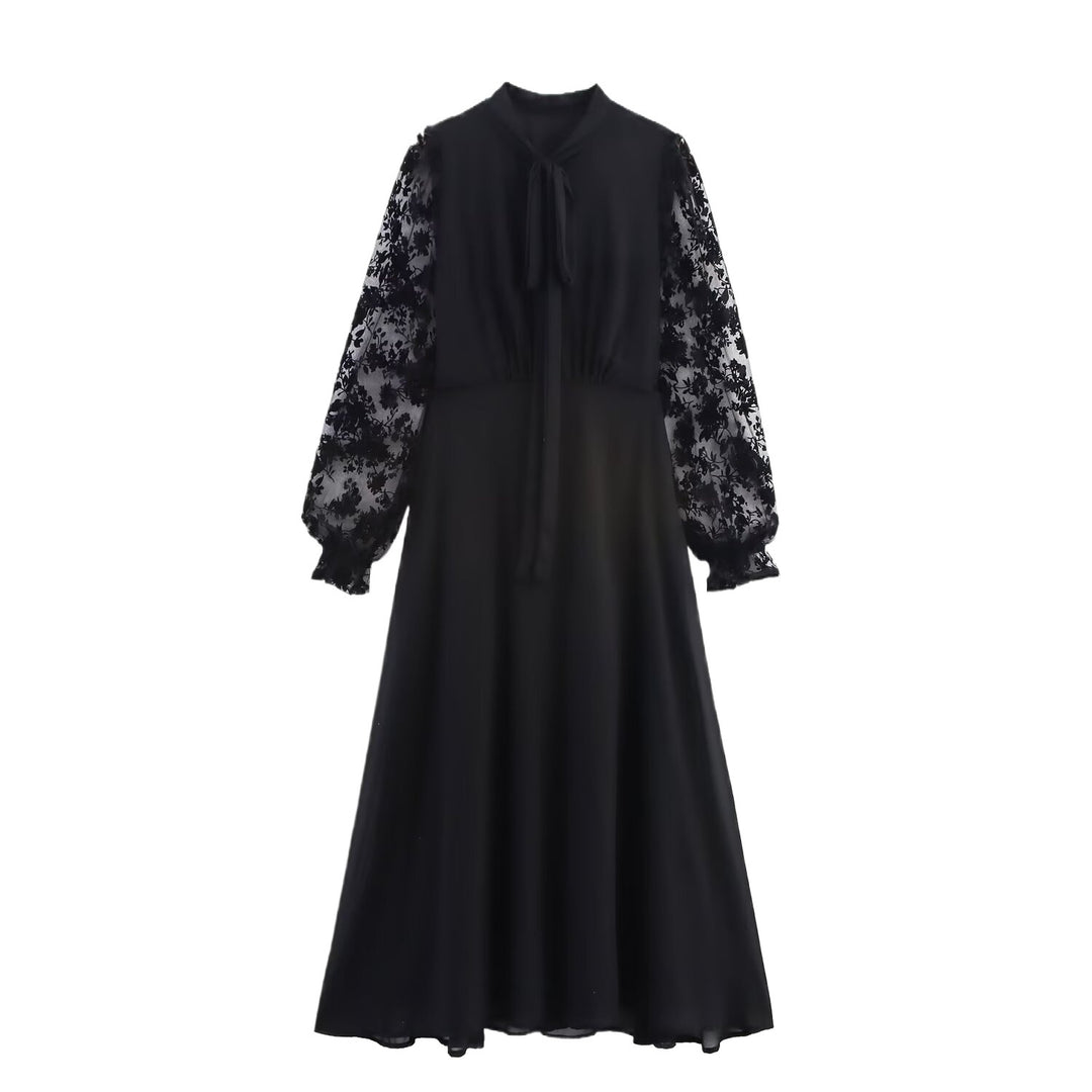 Maxi dress for women with floral lace top and elegant tie belt Lune London