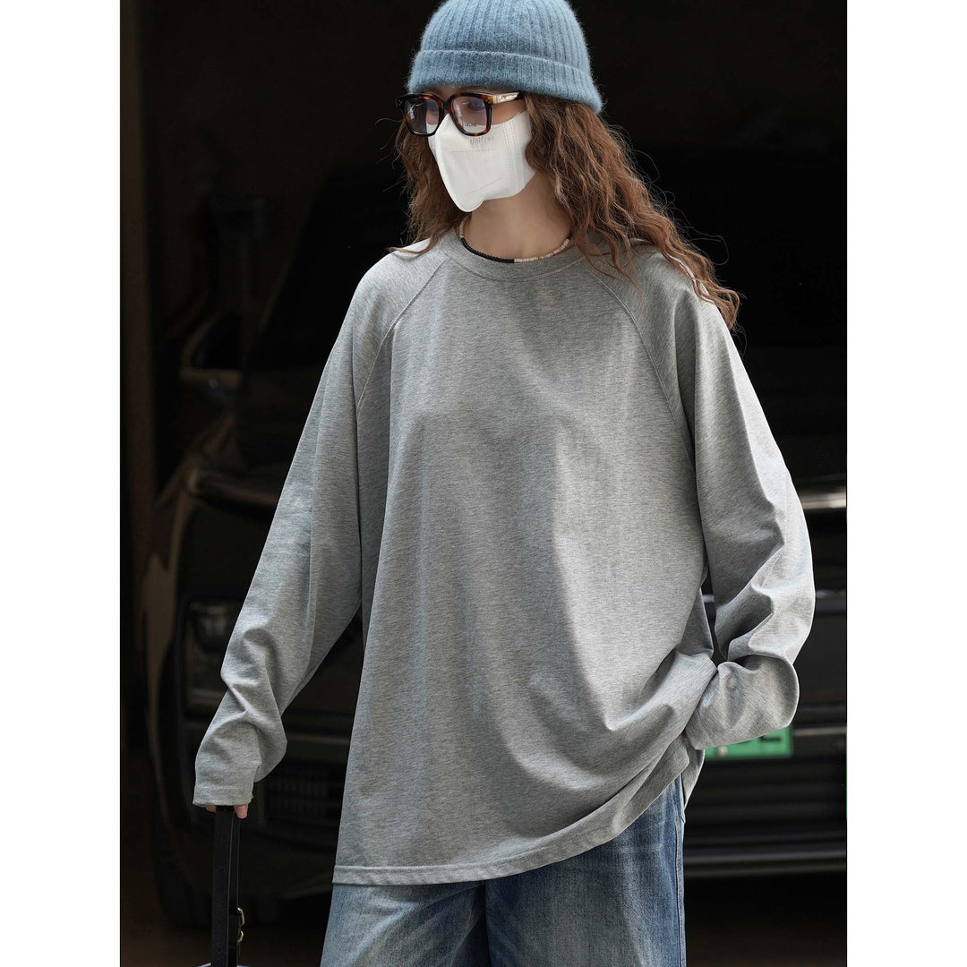 Women's Loose Extra-Long Cotton Sweatshirt with Raglan Sleeves and Rounded Hem