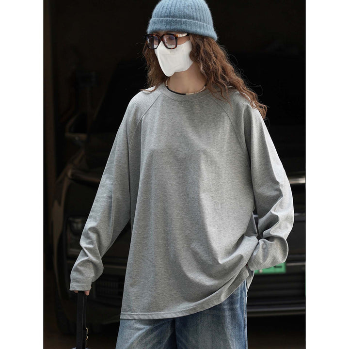 Women's Loose Extra-Long Cotton Sweatshirt with Raglan Sleeves and Rounded Hem