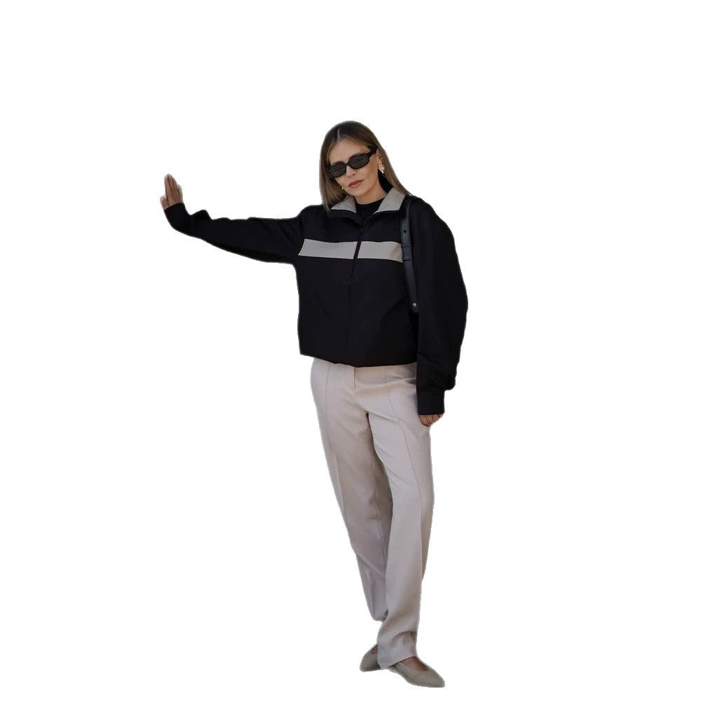 Women's Cropped Bomber Jacket with Contrast Stripes, Stand Collar and Boxy Silhouette Amarae