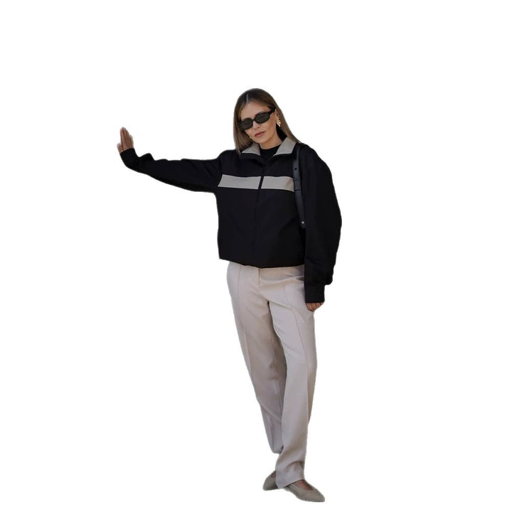 Women's Cropped Bomber Jacket with Contrast Stripes, Stand Collar and Boxy Silhouette Amarae