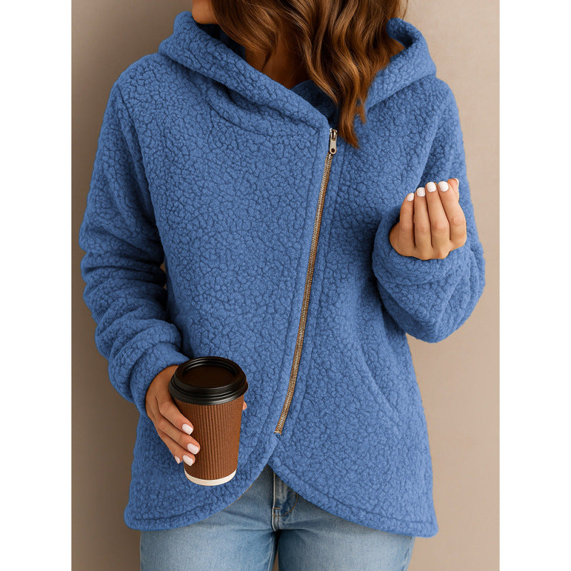 Women's teddy fleece jacket with asymmetrical zipper, hood and curved hem Amarae