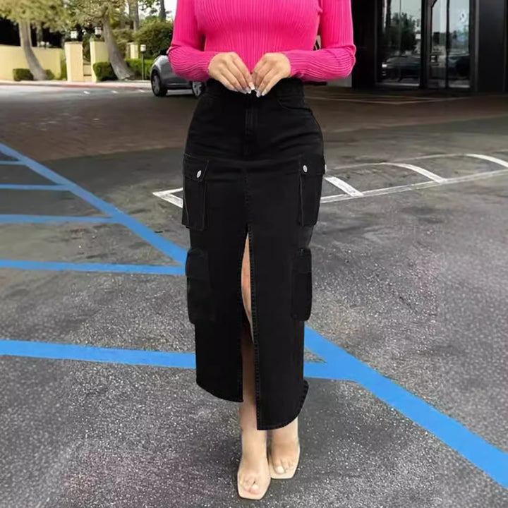 Ladies High-Waist Cargo Denim Midi Skirt with Front Slit Amarae