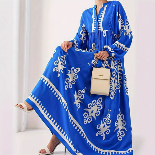 Long kaftan dress for women with floral accents and buttons Amarae