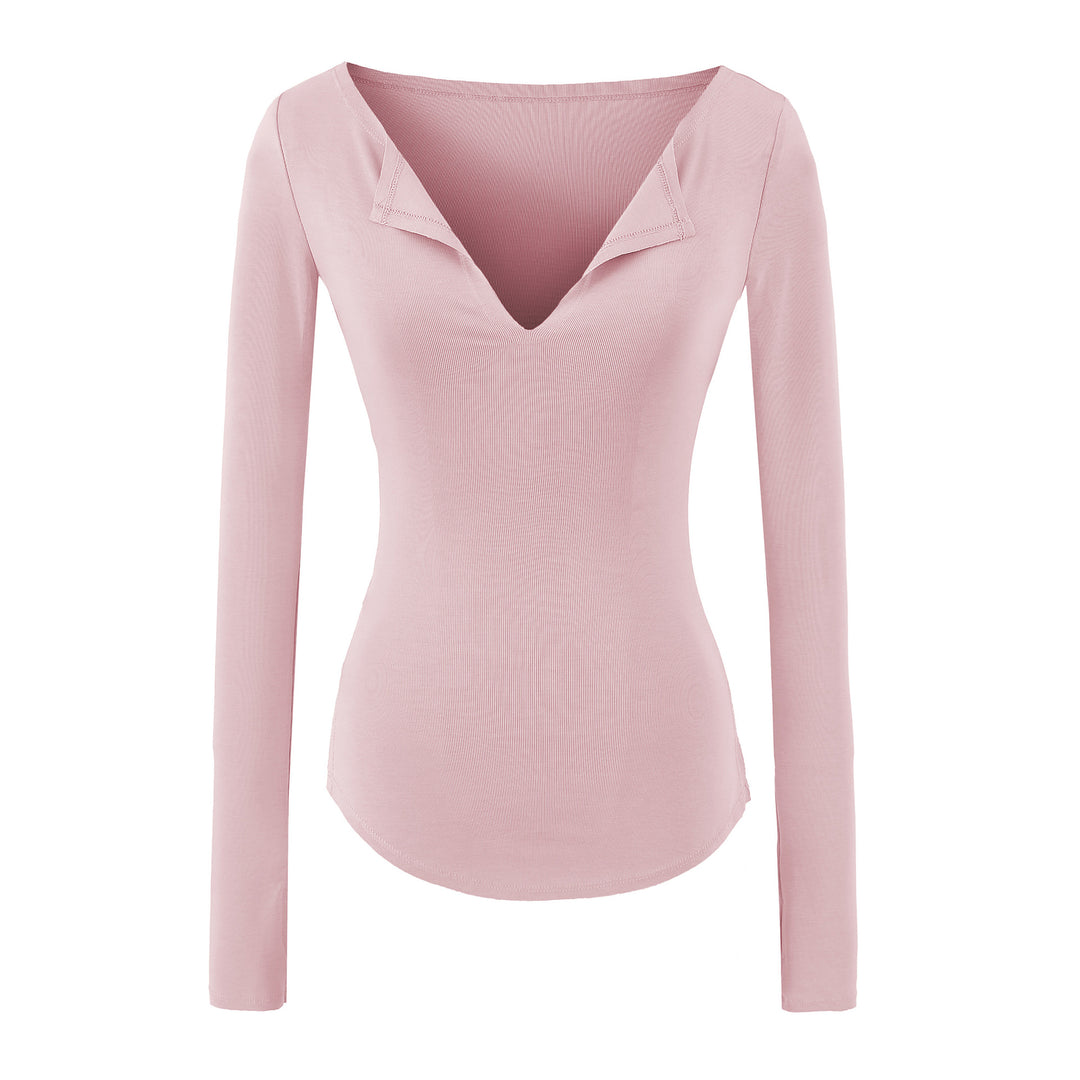 Women's fitted ribbed knit long sleeve with deep V-neck and collar trim Amarae