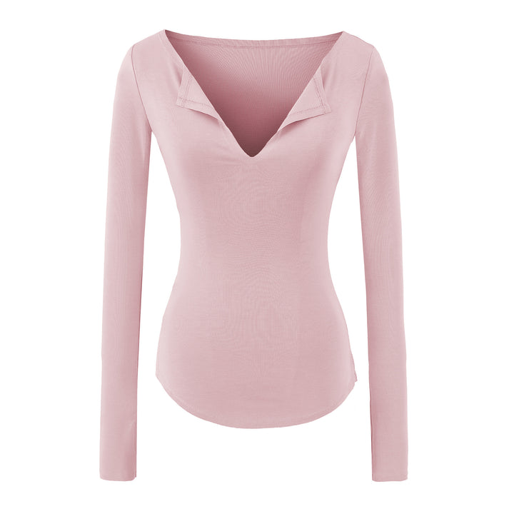 Women's fitted ribbed knit long sleeve with deep V-neck and collar trim Amarae