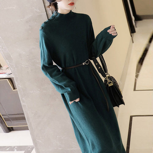 Ladies Elegant maxi knit dress with high collar and decorative buttons Amarae