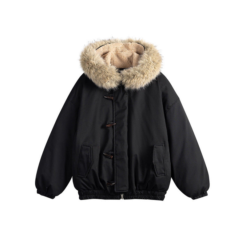 Unisex Padded Hooded Jacket in Boxy Cut with Teddy Lining, Faux Fur Collar and Toggle Closures Amarae