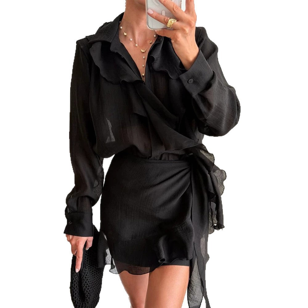 Ladies two-piece fine crinkle chiffon set with shirt blouse and wrap ruffle mini skirt Amarae