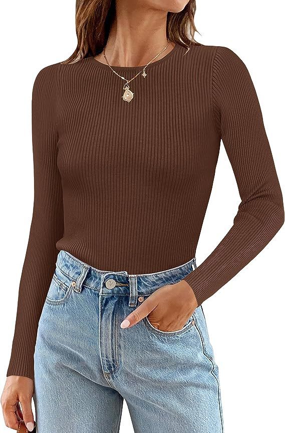 Woman Long Sleeve Ribbed Top with Classic Round Neck and Fitted Cut Lune London