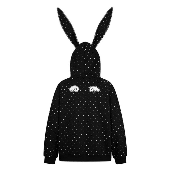 Women's Oversized Hoodie with Bunny Ears, Polka Dot Allover and Kangaroo Pocket