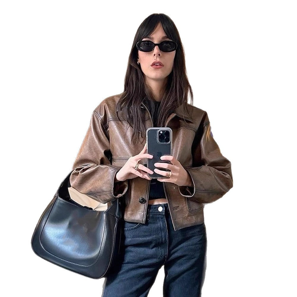 Women's cropped boxy jacket made of vegan leather with shirt collar Amarae