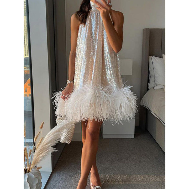 Women's sequin dress with feather trim and stand-up collar Amarae