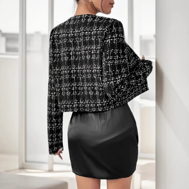 Elegant transitional jacket for ladies with textured pattern and gold buttons Lune London