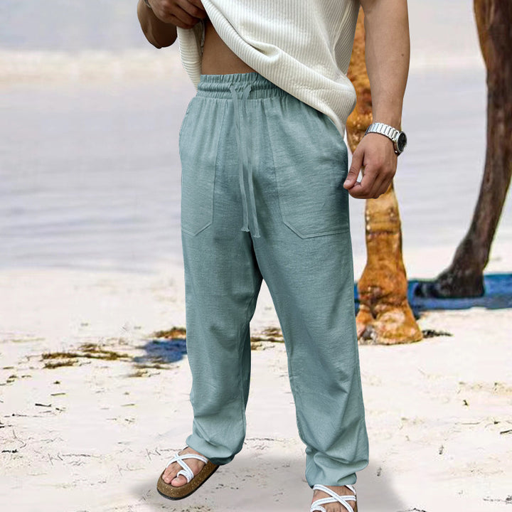 Men's linen cargo pants with elastic waist and practical side pockets Lune London