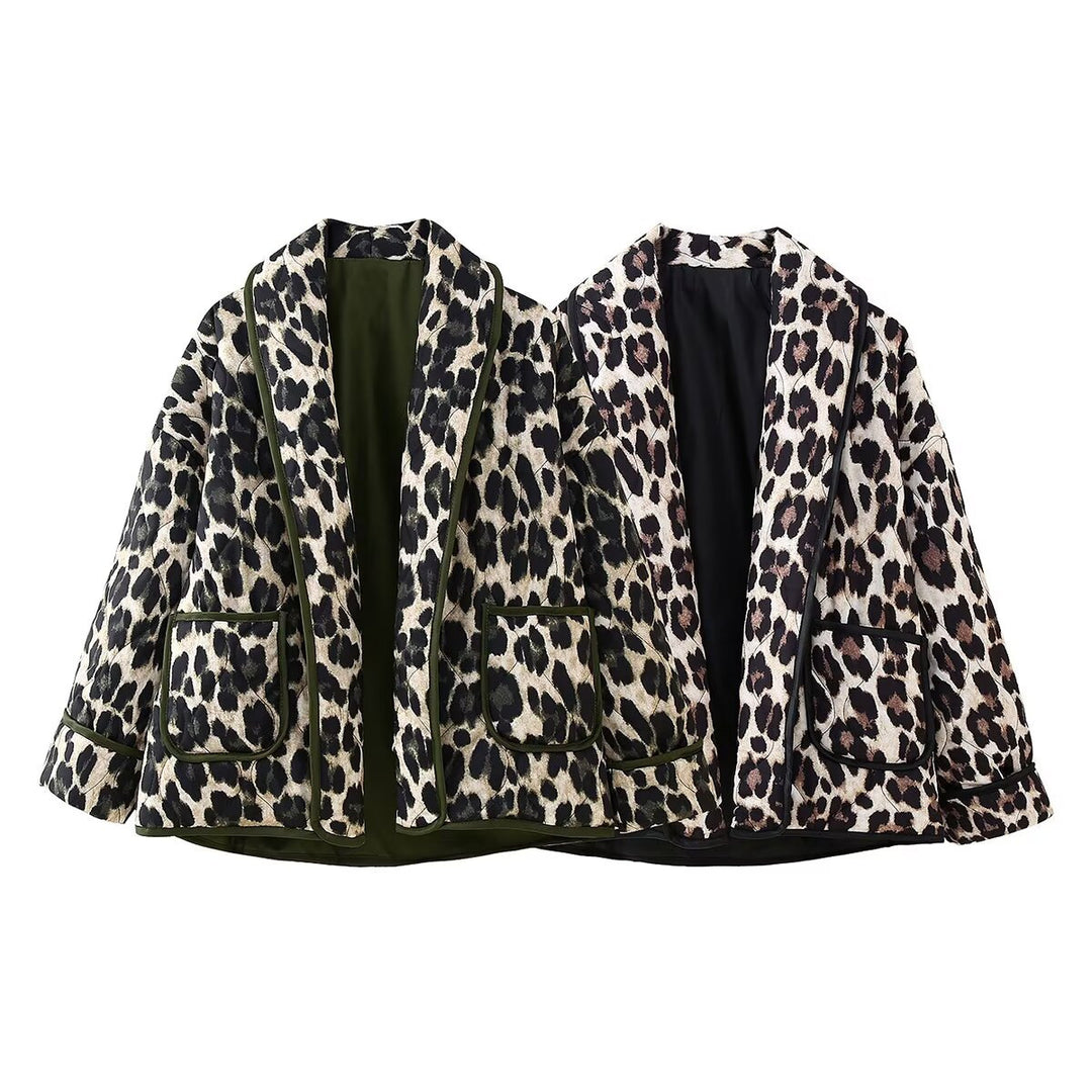 Women's Padded Kimono Jacket with Leopard Print, Oversized Cut and Patch Pockets Amarae