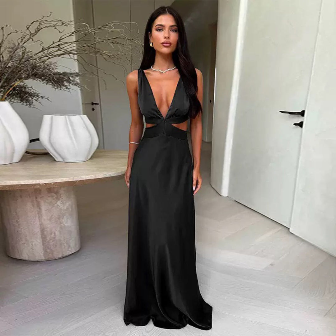 Women’s evening dress with deep V-neck and sophisticated cut-out details Lune London