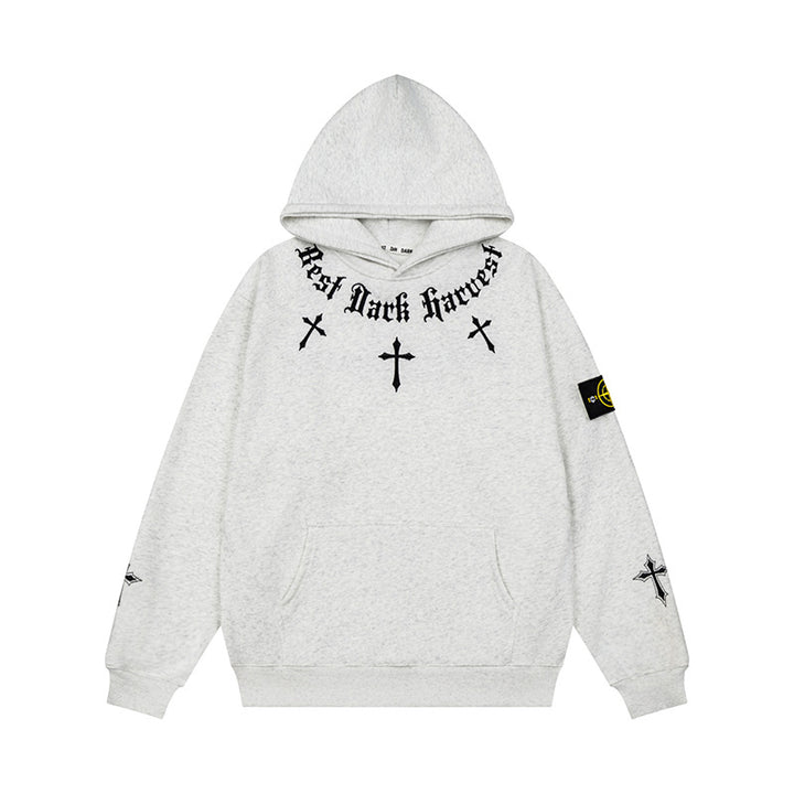 Unisex Oversize Hoodie with Gothic Cross Print, Kangaroo Pocket and Ribbed Cuffs Amarae