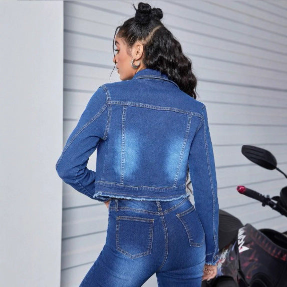 Women's cropped fitted denim jacket with zipper and raw hem Amarae