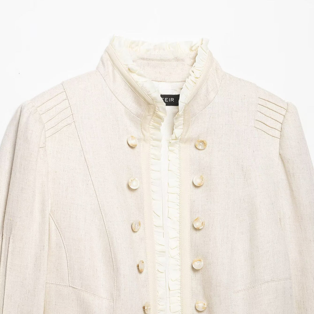 Women Cropped Jacket with Stand Collar, Pleated Sleeves and Ruffle Trim Amarae