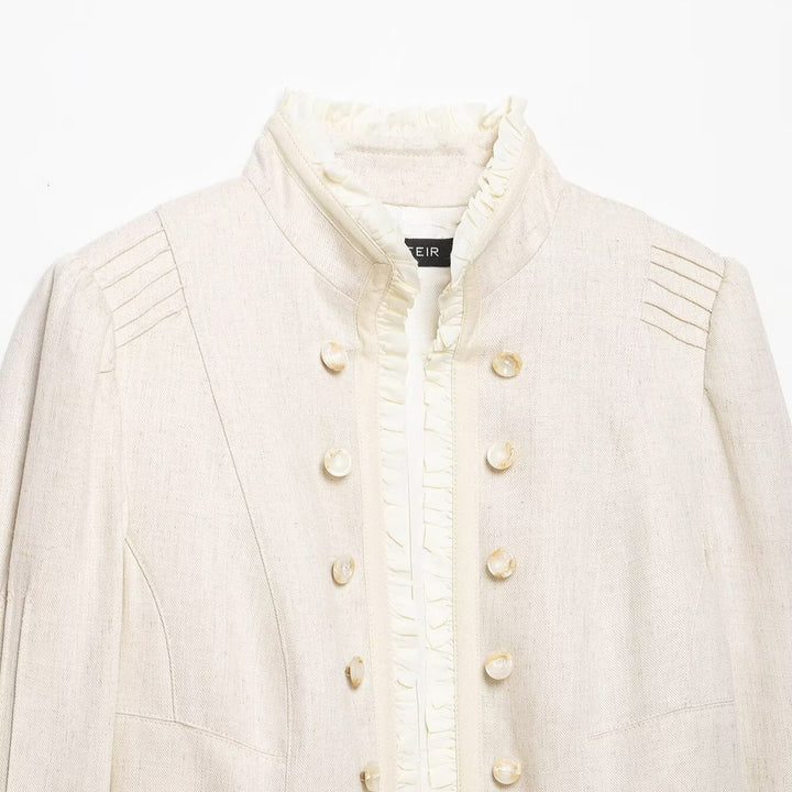 Women Cropped Jacket with Stand Collar, Pleated Sleeves and Ruffle Trim Amarae