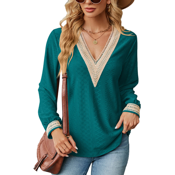 Long sleeve blouse shirt for women with decorative V-neck and crochet elements Lune London