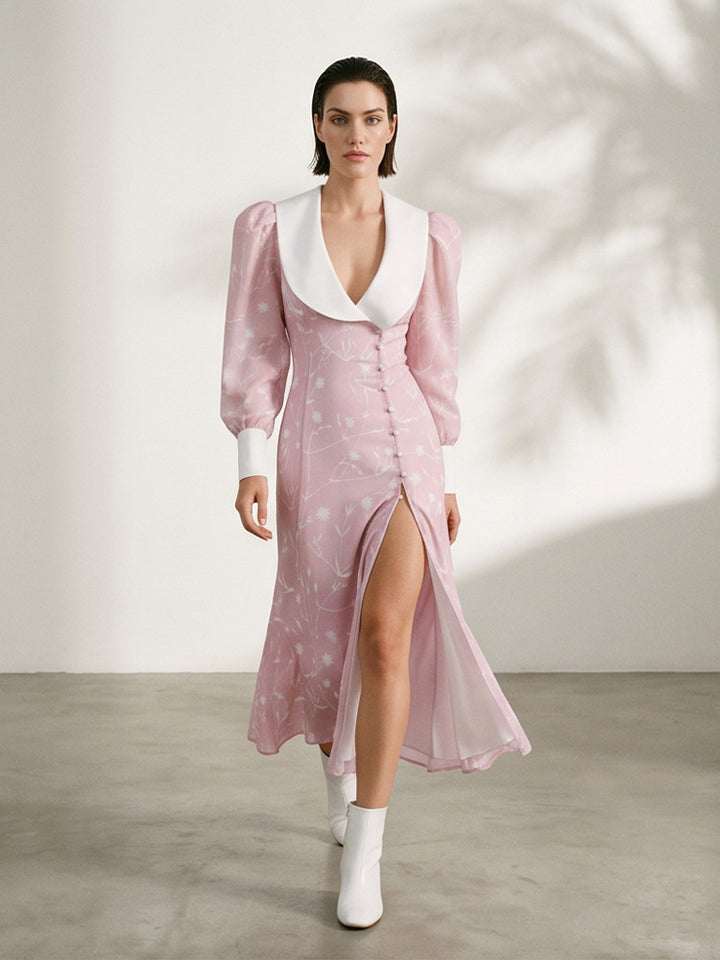 Women's midi dress with deep shawl collar, puff sleeves, and side slit Amarae