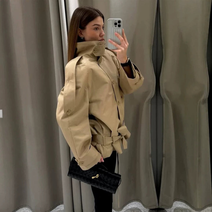 Women Short Trench with High Stand Collar, Double-Breasted Button Placket & Waist Belt Amarae