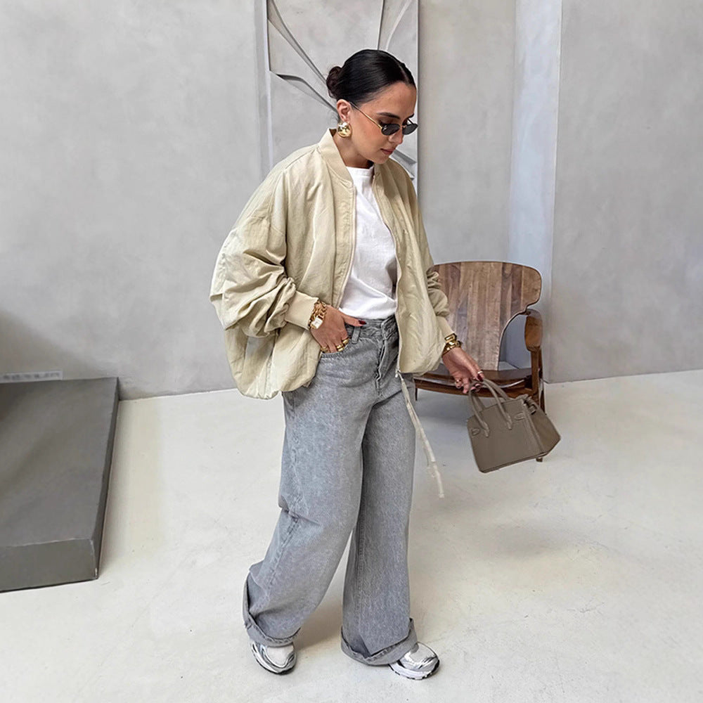 Women Oversize Bomber Jacket with drawstring, ribbed cuffs and lightweight nylon finish Amarae