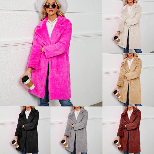 Ladies Long Plush Coat with Elegant Lapel Amarae