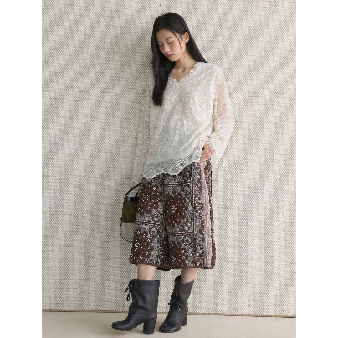 Women's Quilted High-Waist Culotte Shorts with Bandana Print and Elastic Waistband Amarae