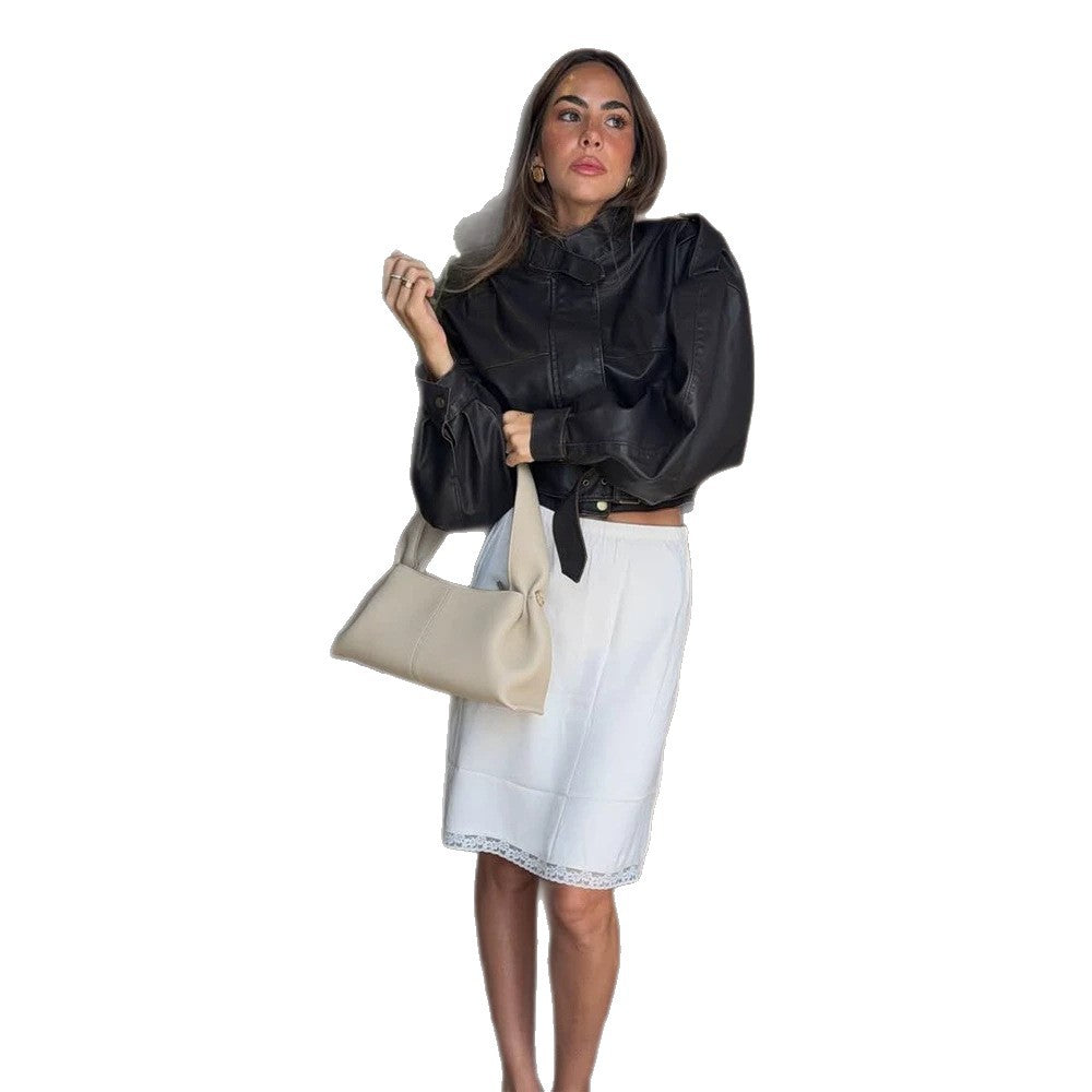 Women Short Cut Faux Leather Biker Jacket with Stand Collar, Waist Belt and Voluminous Sleeves Amarae