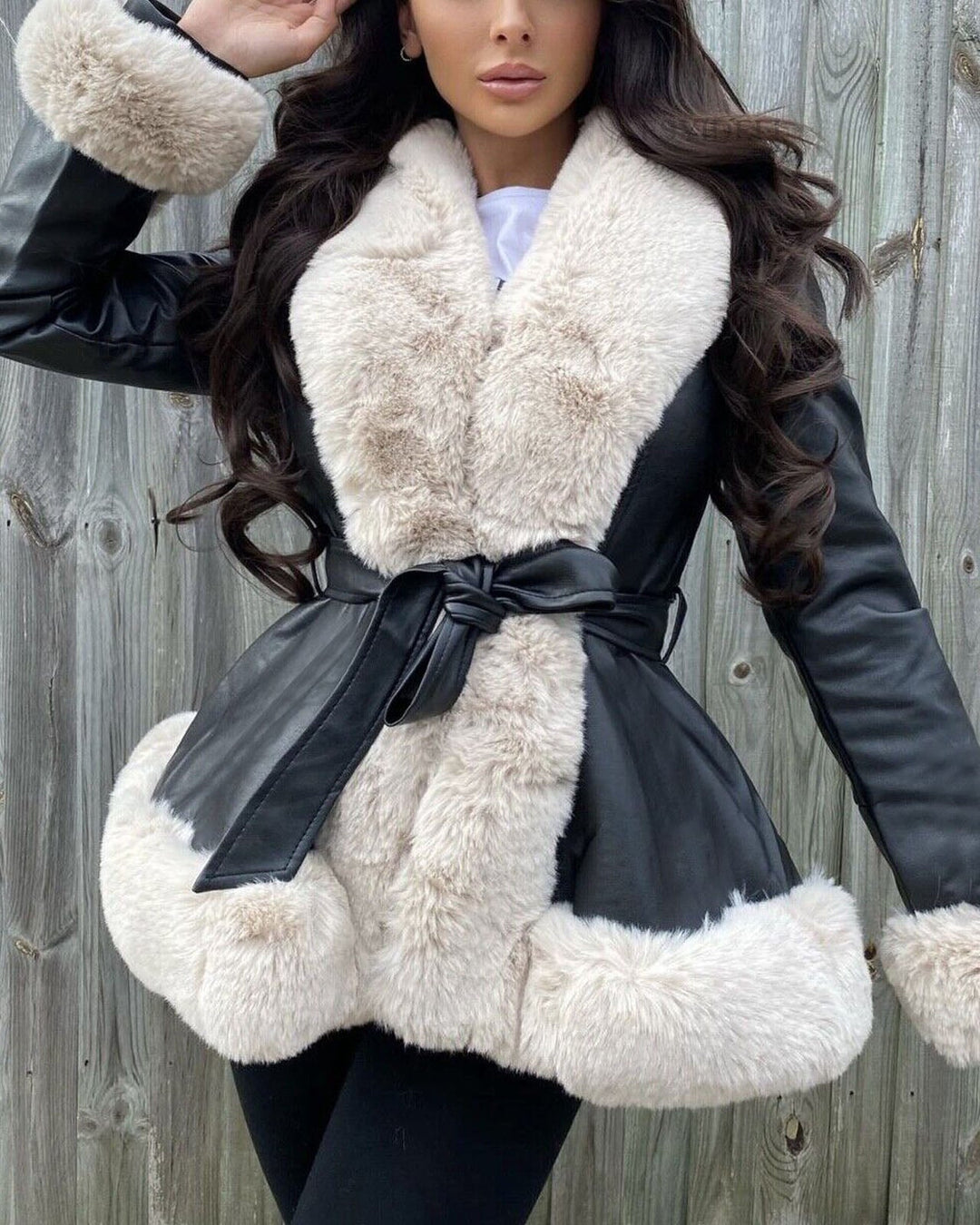 Amarae | Fur Collar Lacing At The Waist Stitched Pu Leather Jacket