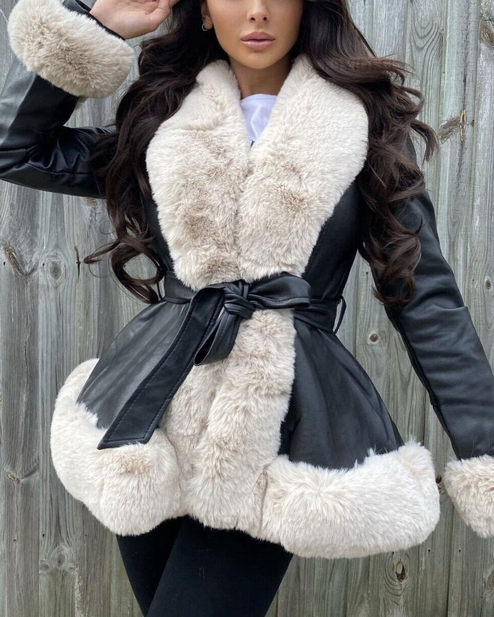 Amarae | Fur Collar Lacing At The Waist Stitched Pu Leather Jacket