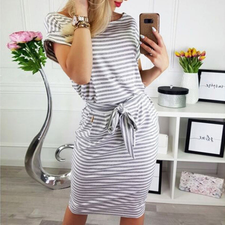 Elegant striped dress for women with tie belt Lune London