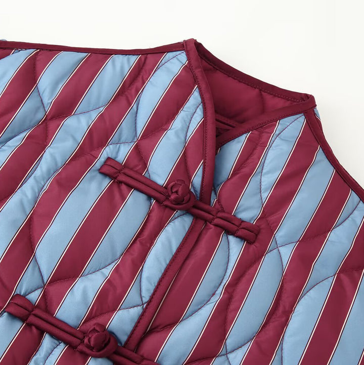 Women Padded Jacket with Stand-up Collar, Striped Quilting and Knot Closures Amarae
